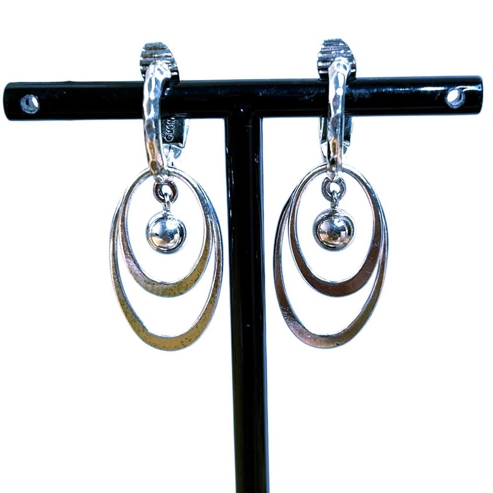 Vintage Monet Silver Tone Concentric Oval Drop Clip On Earrings Statement 1980s